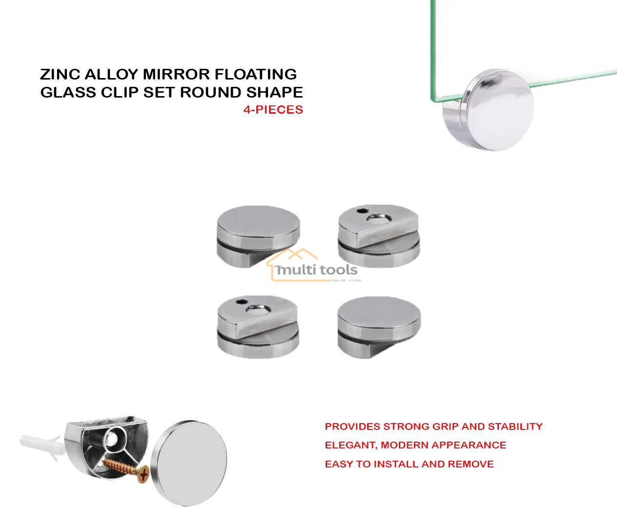 4 Pcs Zinc Alloy Mirror Floating Glass Clip Set Round Shape