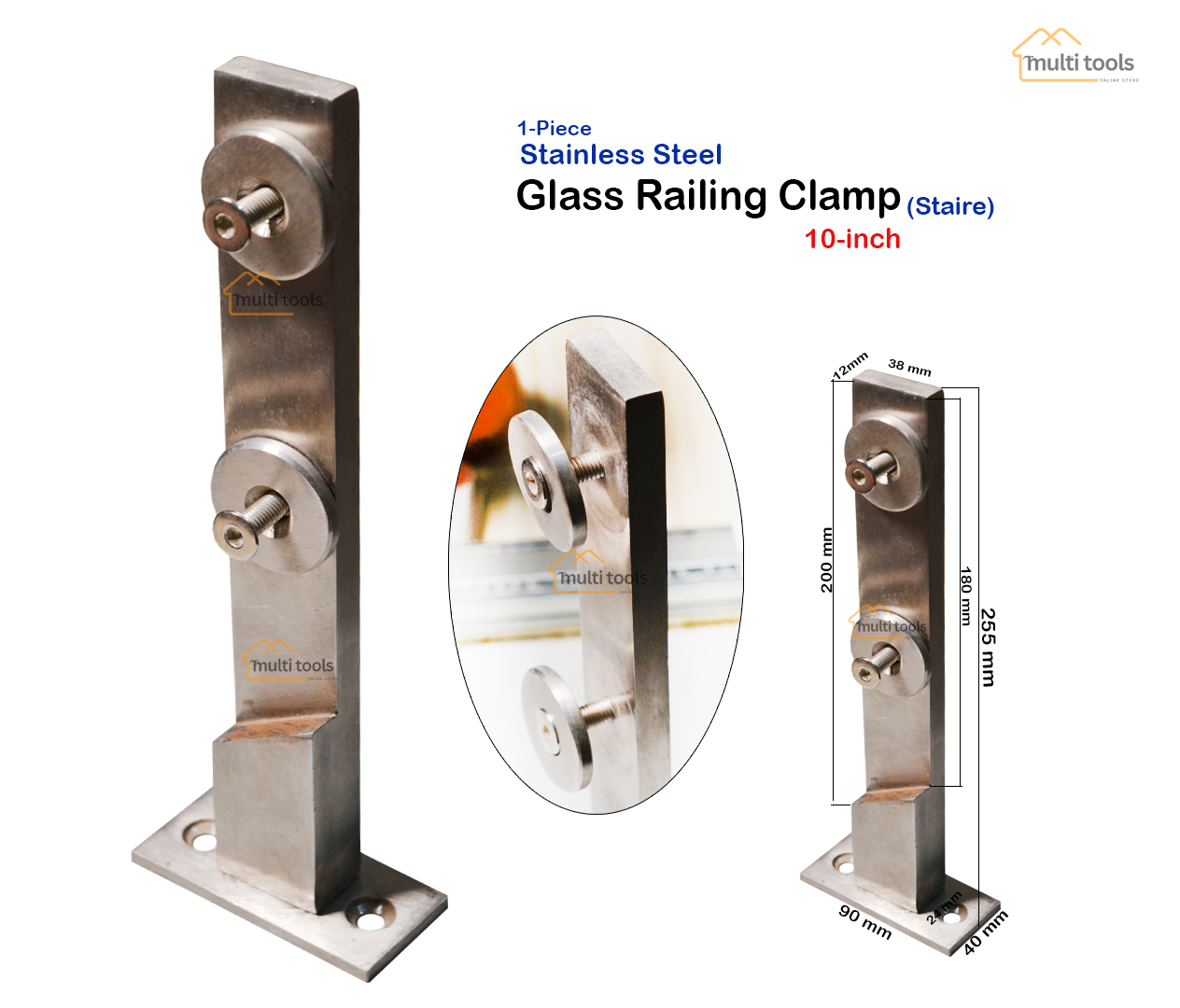 Stainless Steel Square Glass Railing Clamp Chrome (Staire) 10 Inch