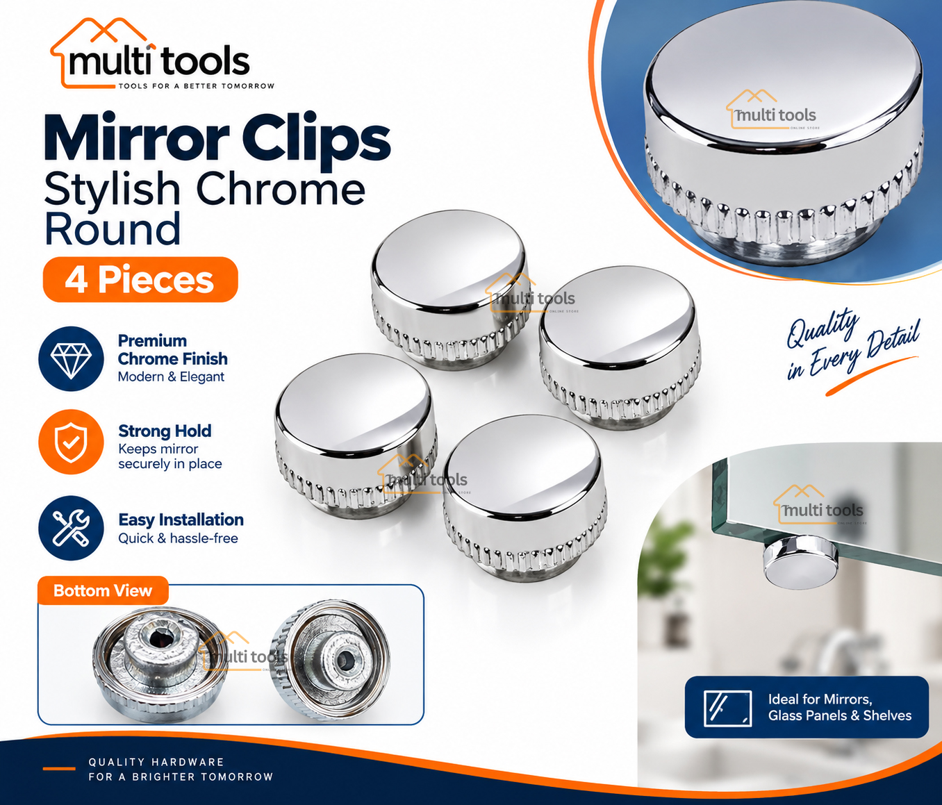 4 Pcs Stylish Chrome Aluminum Round Mirror Clips