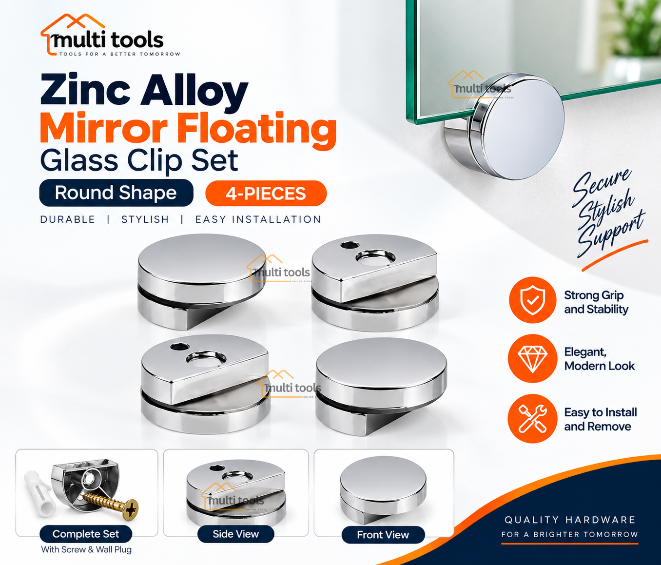 4 Pcs Zinc Alloy Mirror Floating Glass Clip Set Round Shape