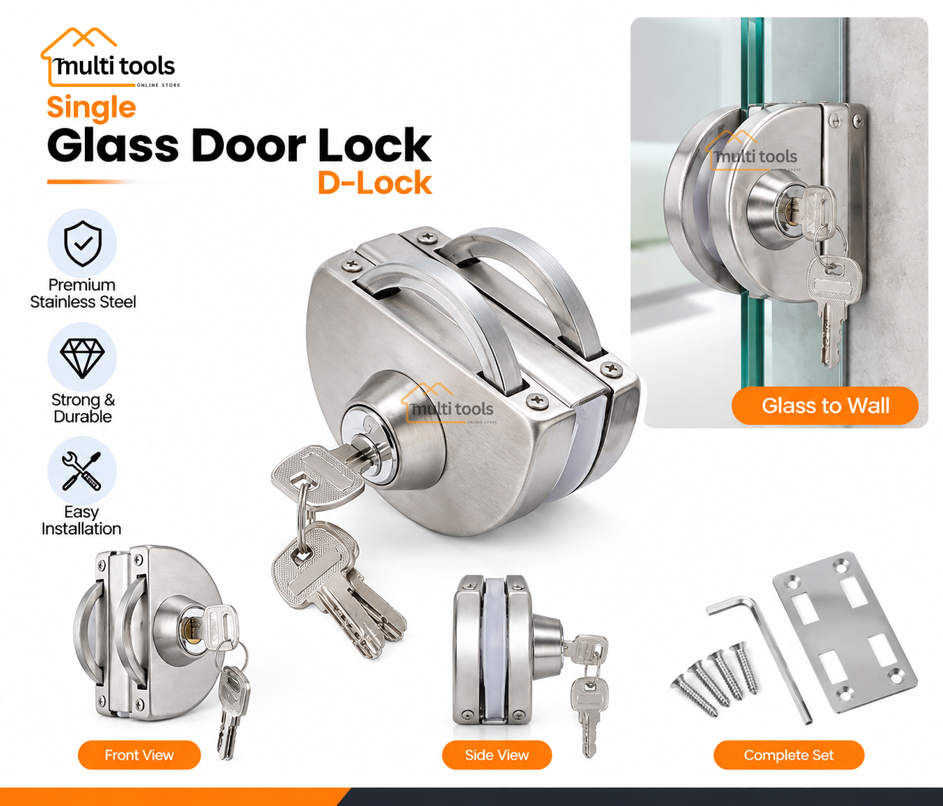 Singal Glass Door Lock D-Lock Glass To Wall