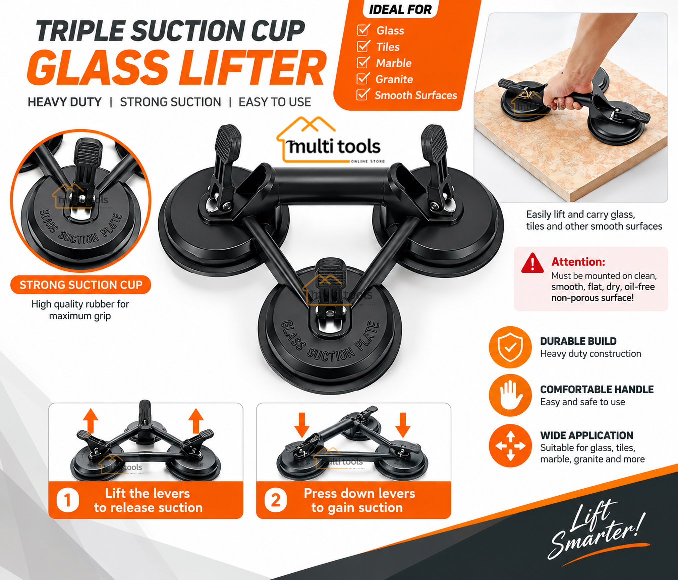 160 Kg Triple Glass Suction Cups Heavy Duty Aluminum 