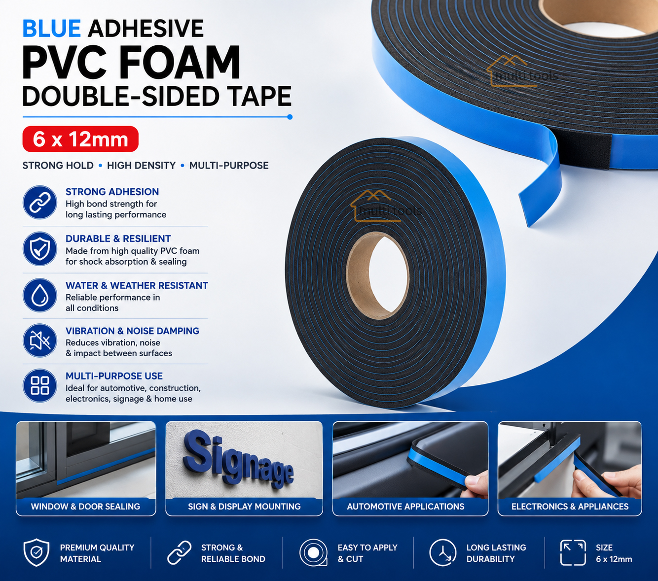 6 x 12mm Thickness Blue Adhesive Pvc Foam Double-Sided Tape
