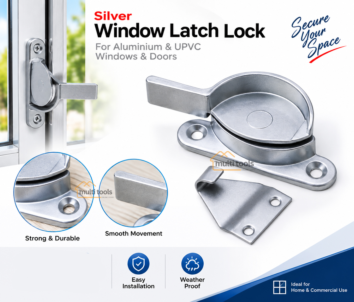 Aluminium Window Latch Lock (Silver) 