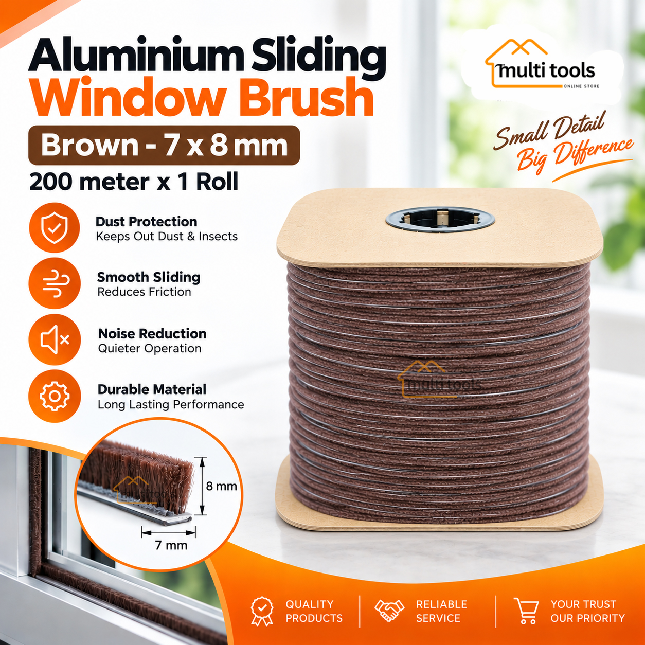 200m Aluminium Silding Window Bursh Brown 7X8Mm
