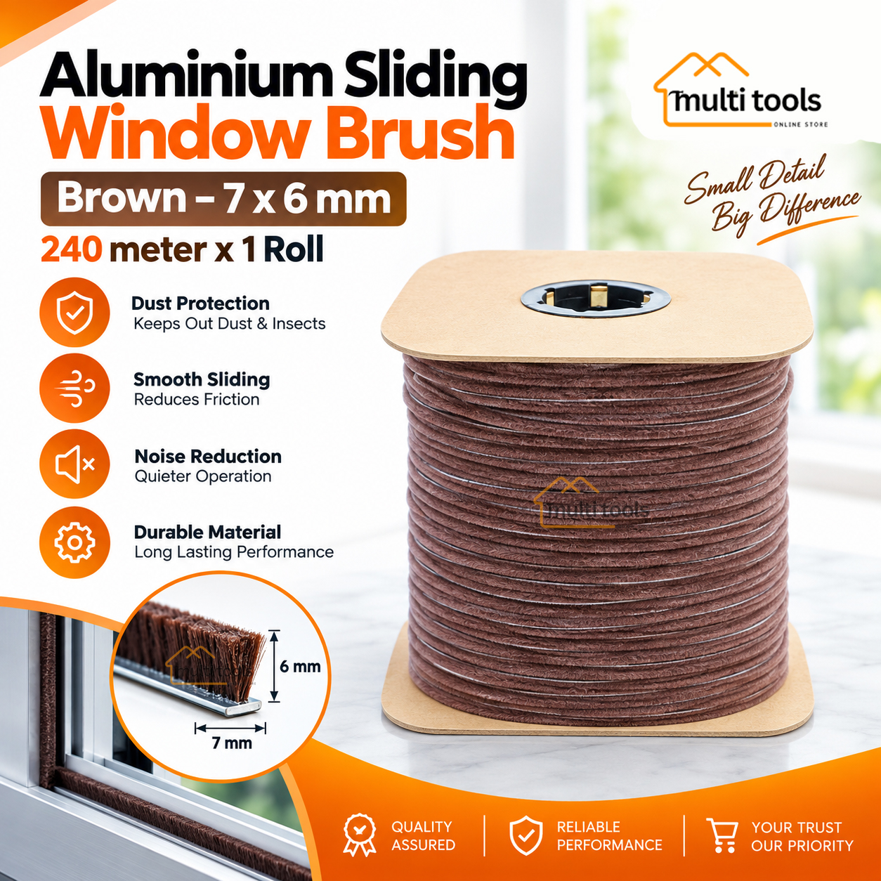 240m Aluminium Silding Window Bursh Brown 7X6mm