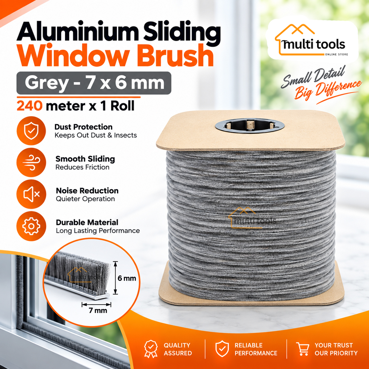 240m Aluminium Silding Window Bursh Grey 7X6mm