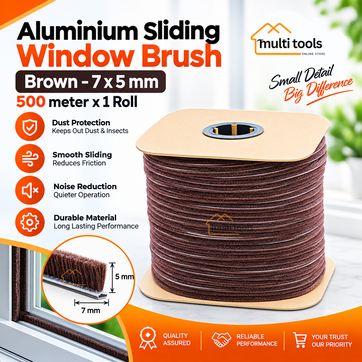 500m Aluminium Silding Window Bursh Brown 7X5mm