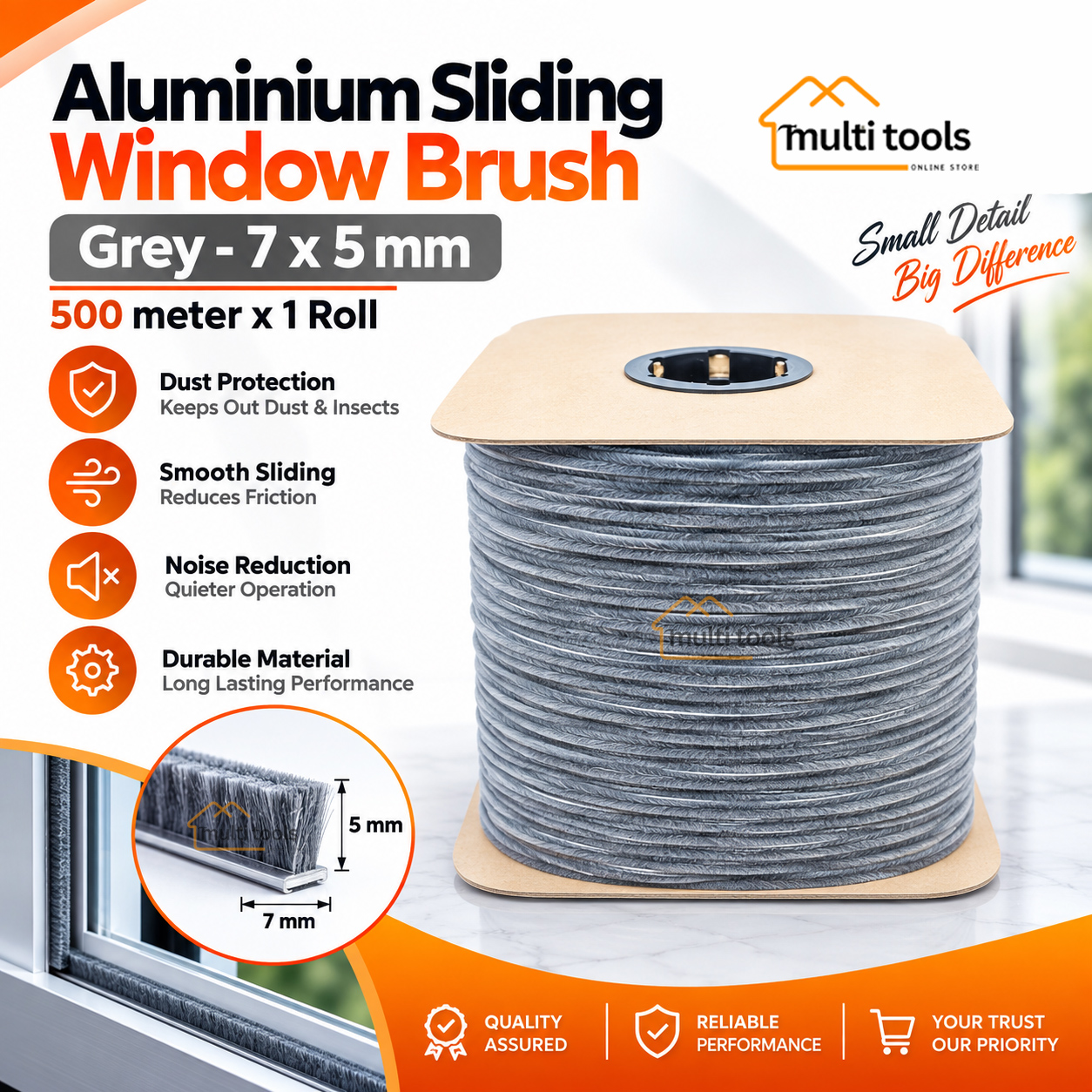 500m Aluminium Silding Window Bursh Grey 7X5mm