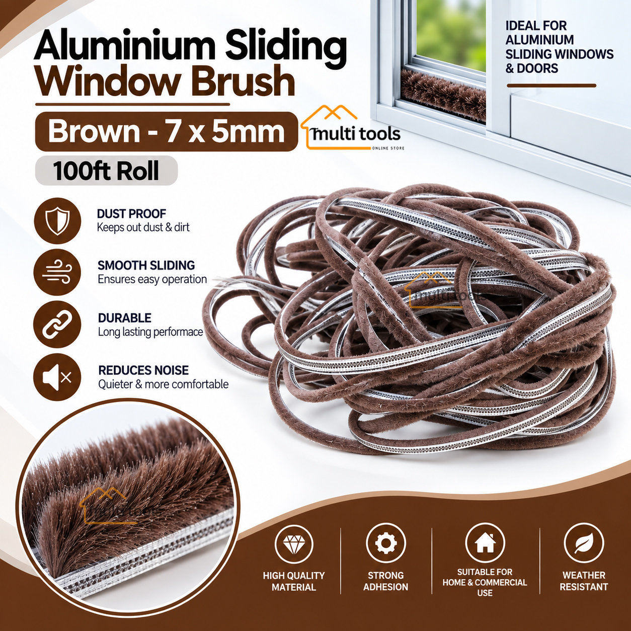 7mm X 5mm X 100ft Window Door Weatherstrip Brush Brown Seal Strip