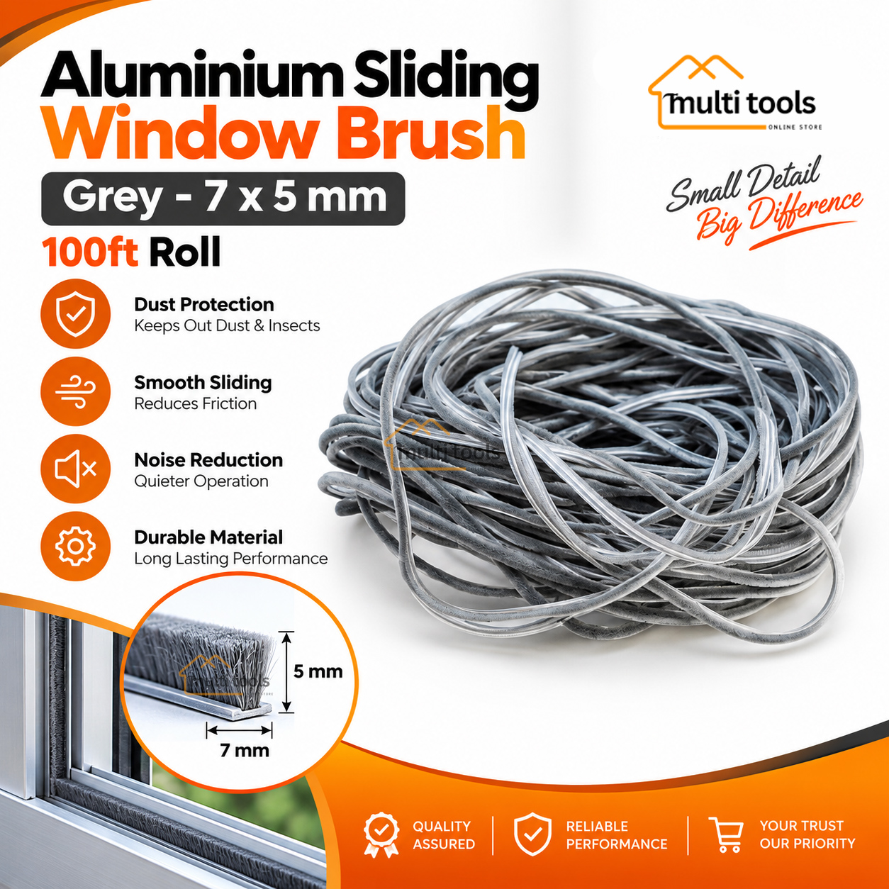 7mm X 5mm X 100ft Window Door Weatherstrip Brush Grey Seal Strip