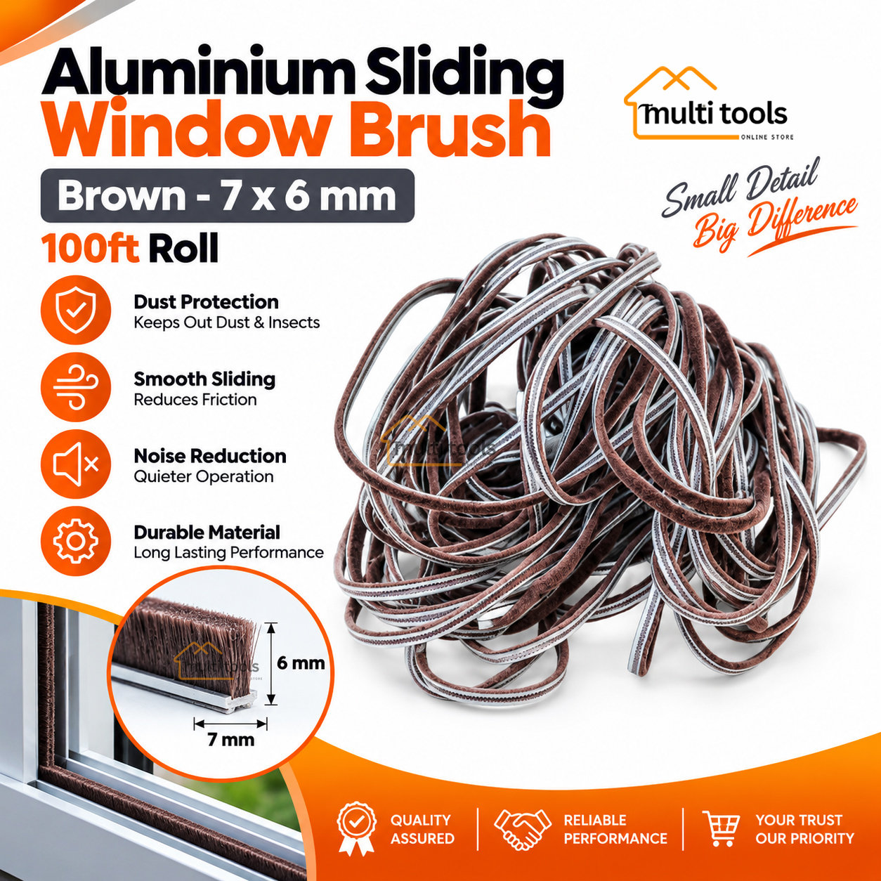 7mm X 6mm X 100ft Window Door Weather-Strip Brush Brown Seal Strip