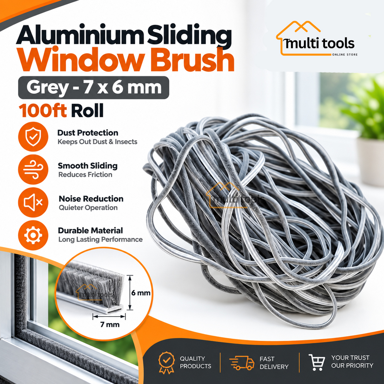 7mm X 6mm X 100ft Window Door Weatherstrip Brush Grey Seal Strip