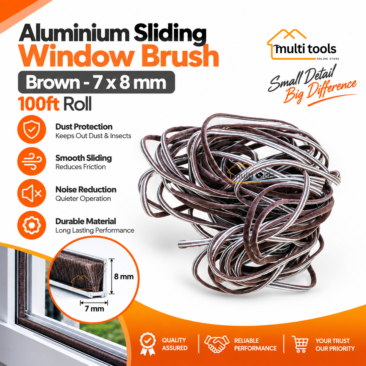7mm X 8mm X 100ft Window Door Weatherstrip Brush Brown Seal Strip
