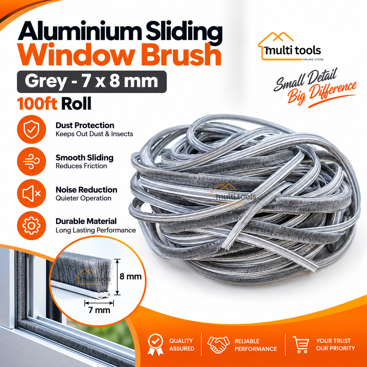 7mm X 8mm X 100ft Window Door Weatherstrip Brush Grey Seal Strip