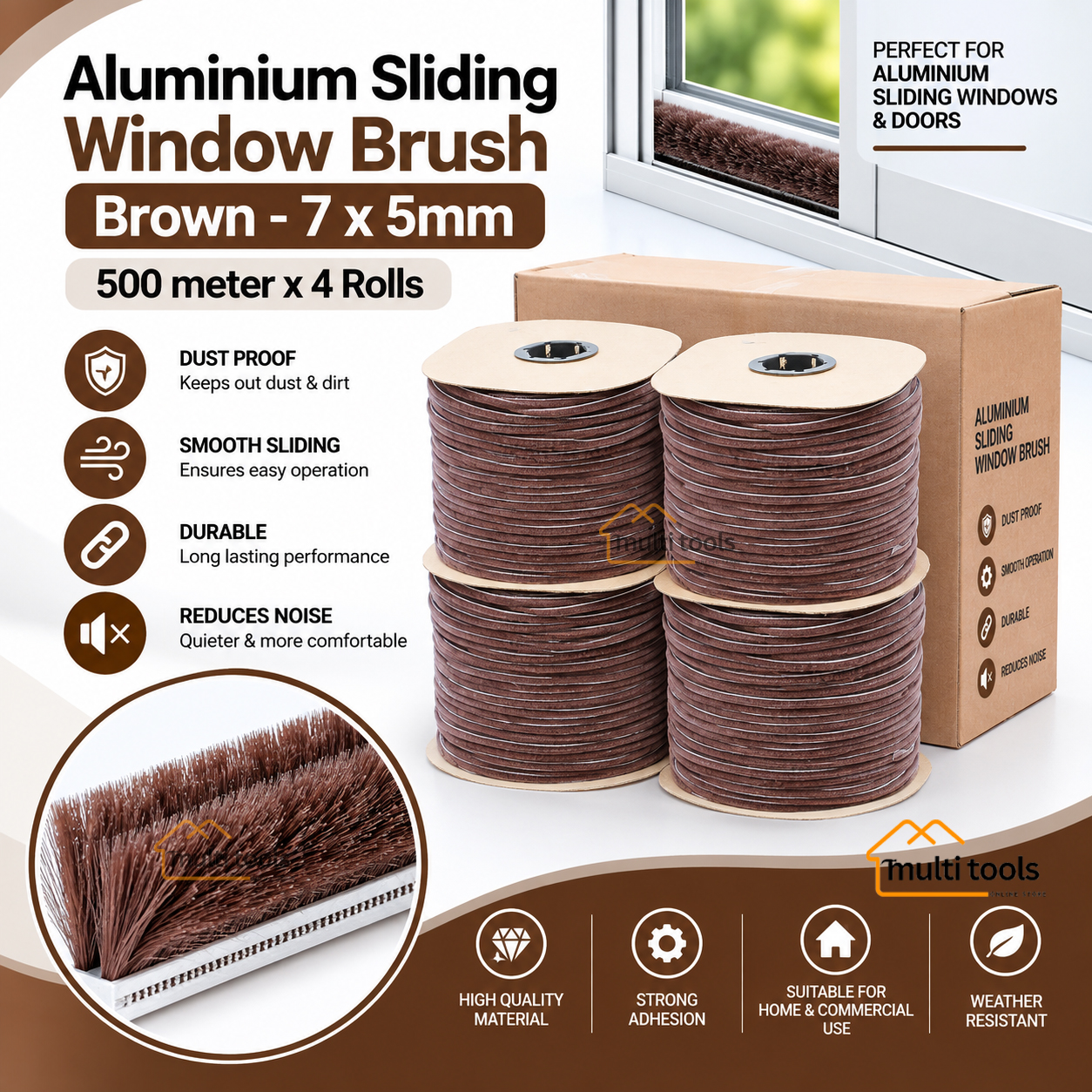 4-Rolls Carton 7X5mm Bursh Brown For Aluminium Silding Window 