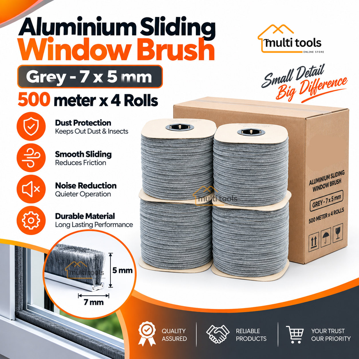 4-Rolls Carton 7X5mm Bursh Grey For Aluminium Silding Window 