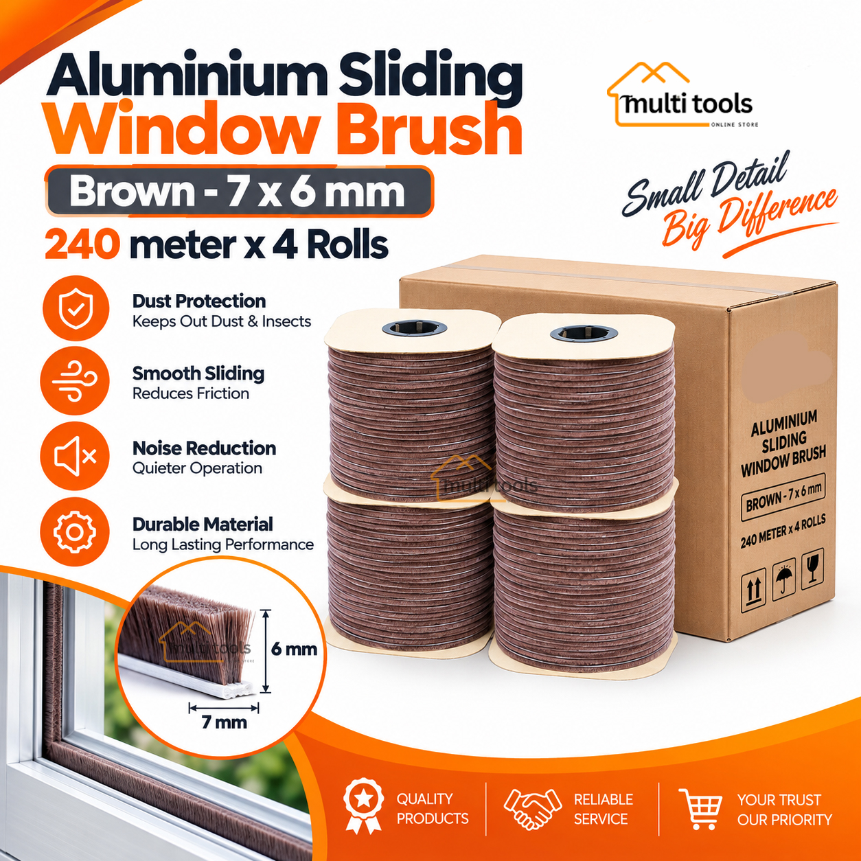 4-Rolls Carton 7X6mm Bursh Brown For Aluminium Silding Window 