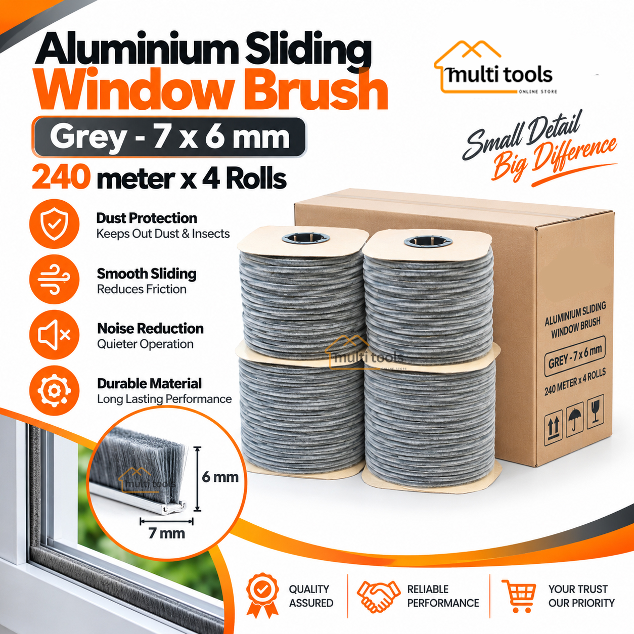 4-Rolls Carton 7X6mm Bursh Grey For Aluminium Silding Window 