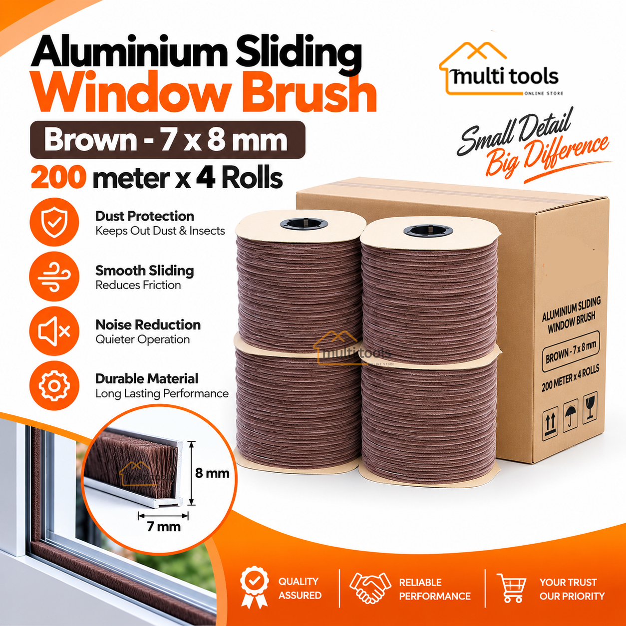 4-Rolls Carton 7X8mm Bursh Brown For Aluminium Silding Window 