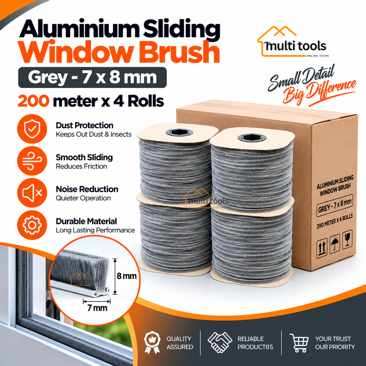 4-Rolls Carton 7X8mm Bursh Grey For Aluminium Silding Window 