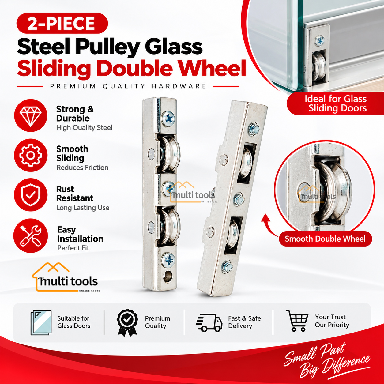 2-Pcs Steel Pulley Glass Sliding Double Wheel