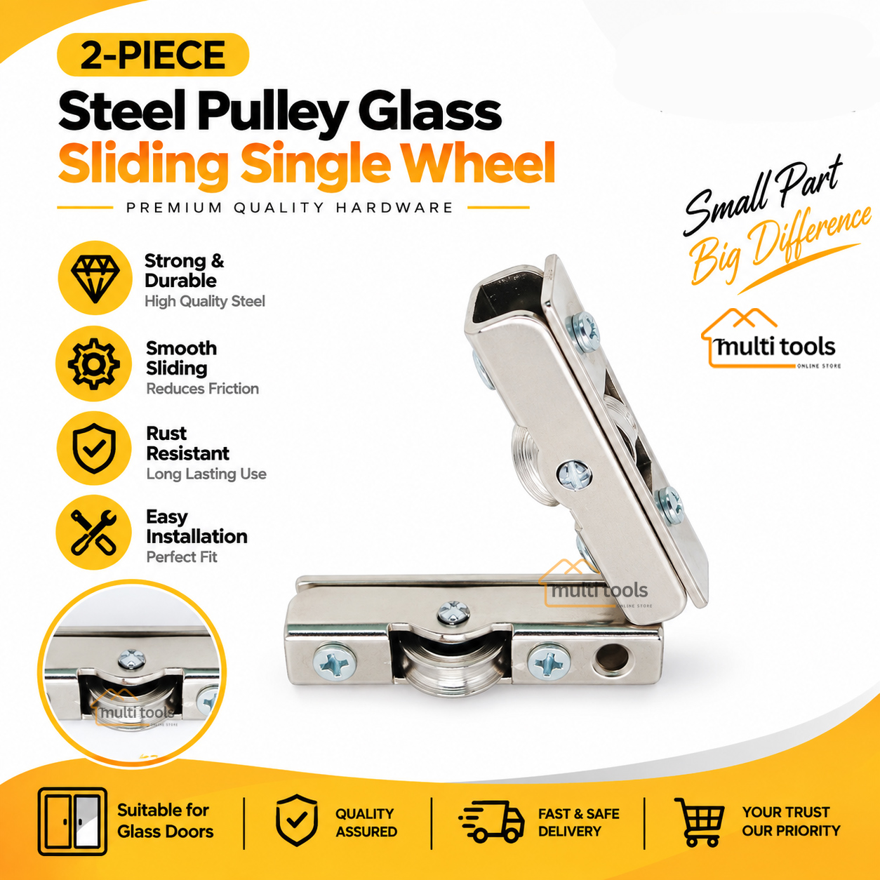 2-Pcs Steel Pulley Glass Sliding Single Wheel