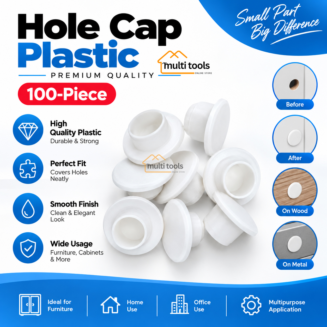 100-Pcs White Hole Cap Plastic