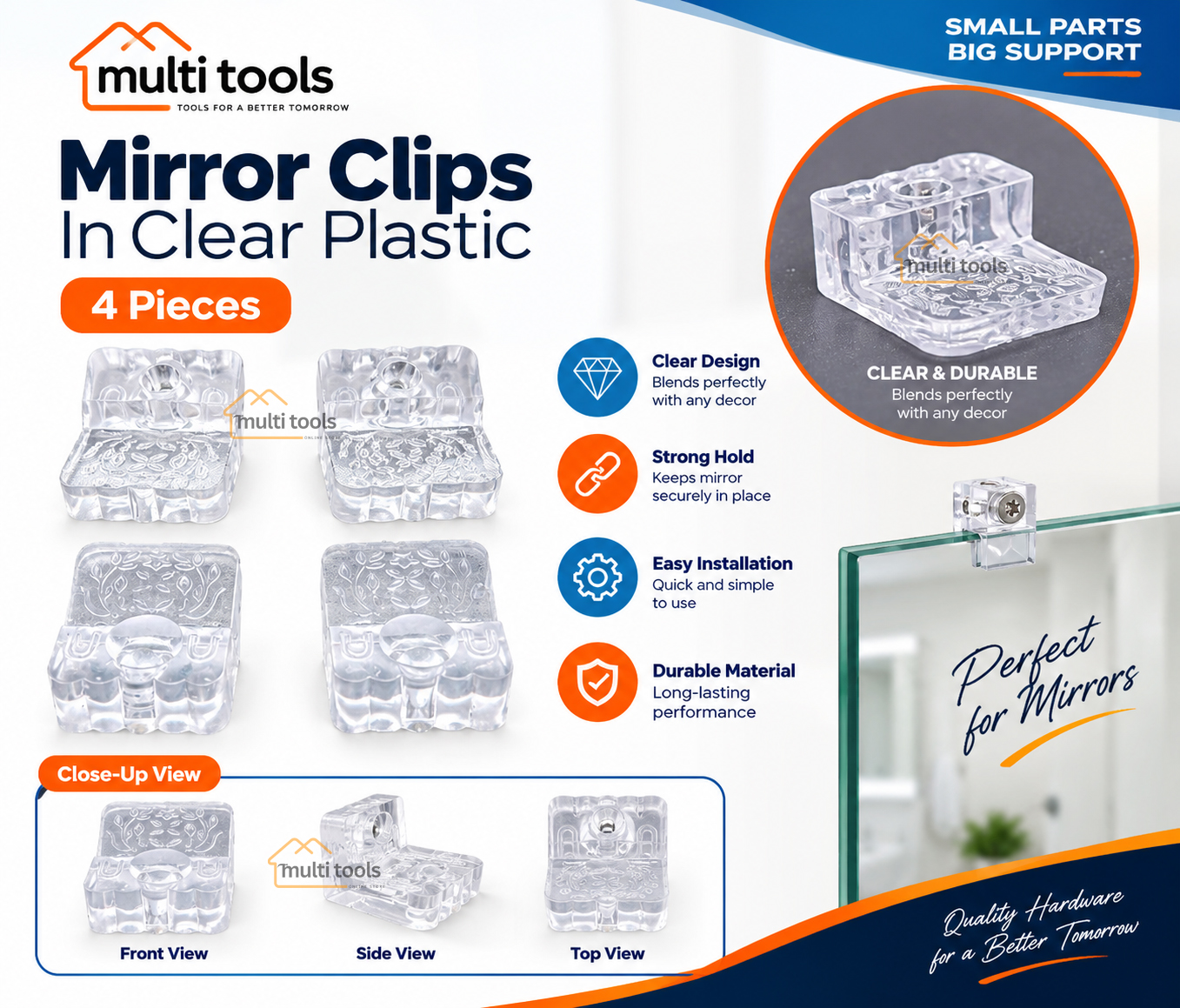 4 Pcs Mirror Clips In Clear Plastic