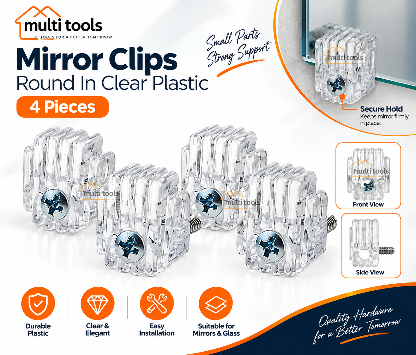 4 Pcs Mirror Clips Round In Clear Plastic
