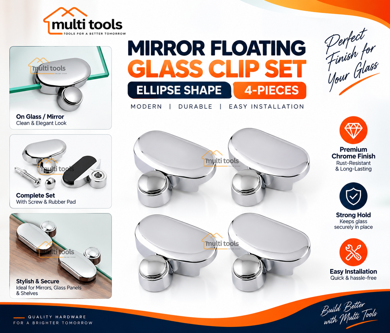 4 Pcs Mirror Floating Glass Clip Set Ellipse Shape..