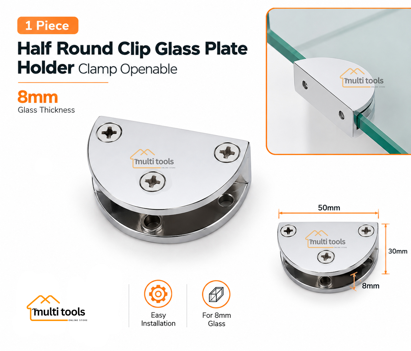 8mm Half Round Clip Glass Plate Holder Clamp Openable