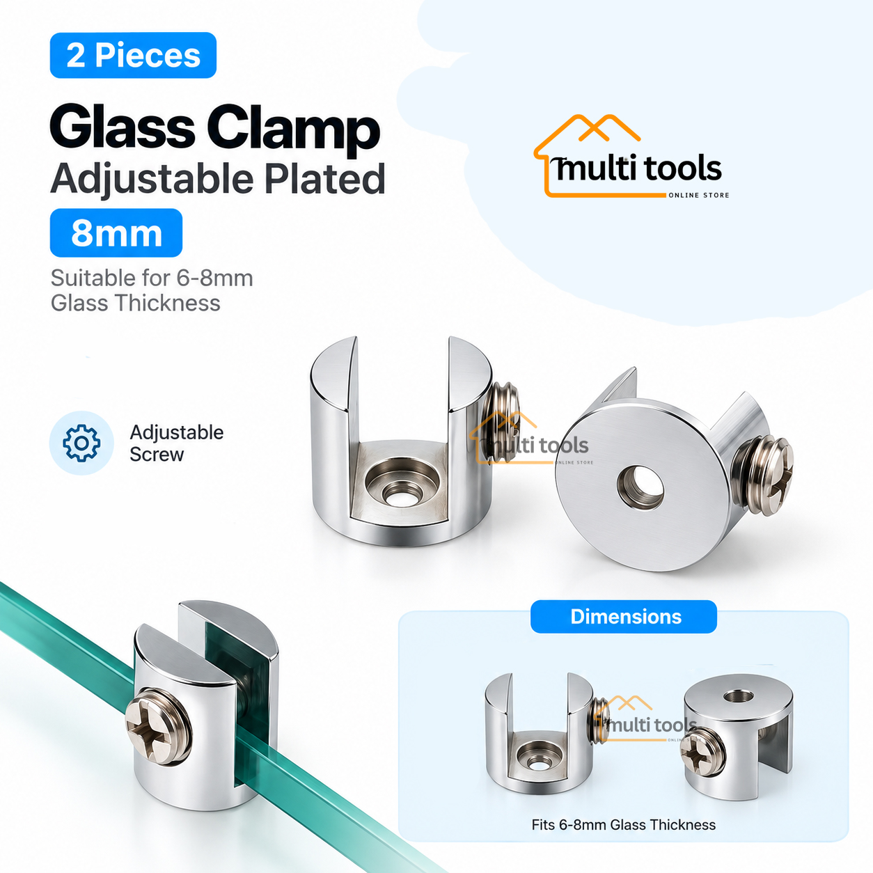 Glass Clamp 8mm Adjustable Plated