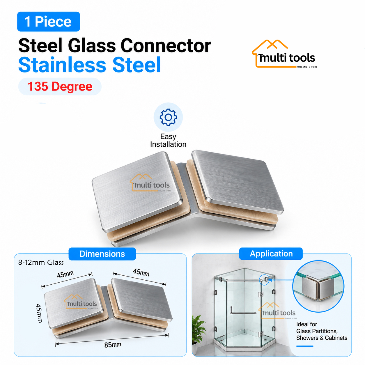 Steel Glass Connector 135 Degree Stainless Steel