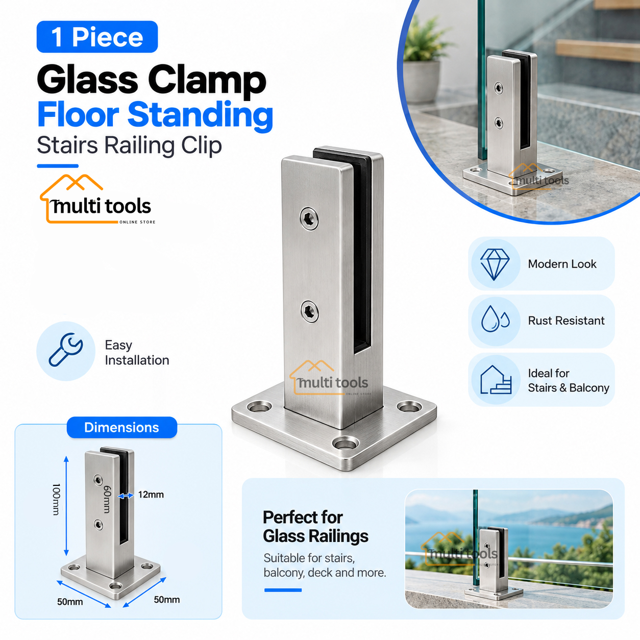 Glass Clamp Stainless Steel Floor Standing Stairs Railing Clip
