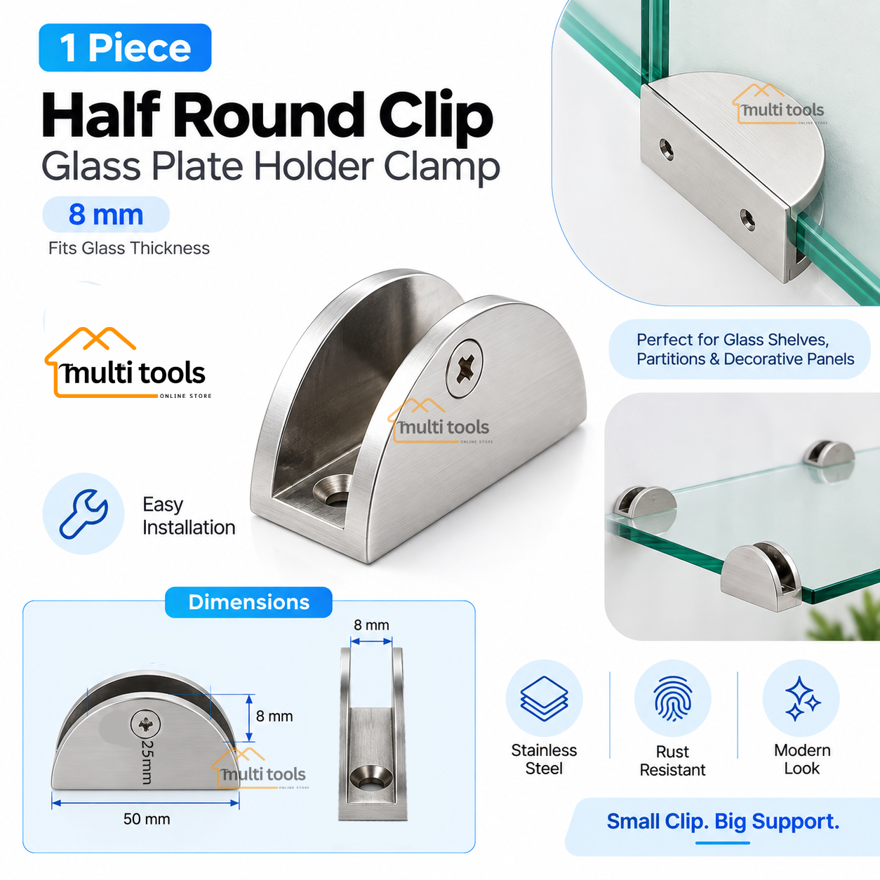 Half Round Clip Glass Plate Holder Clamp 8mm