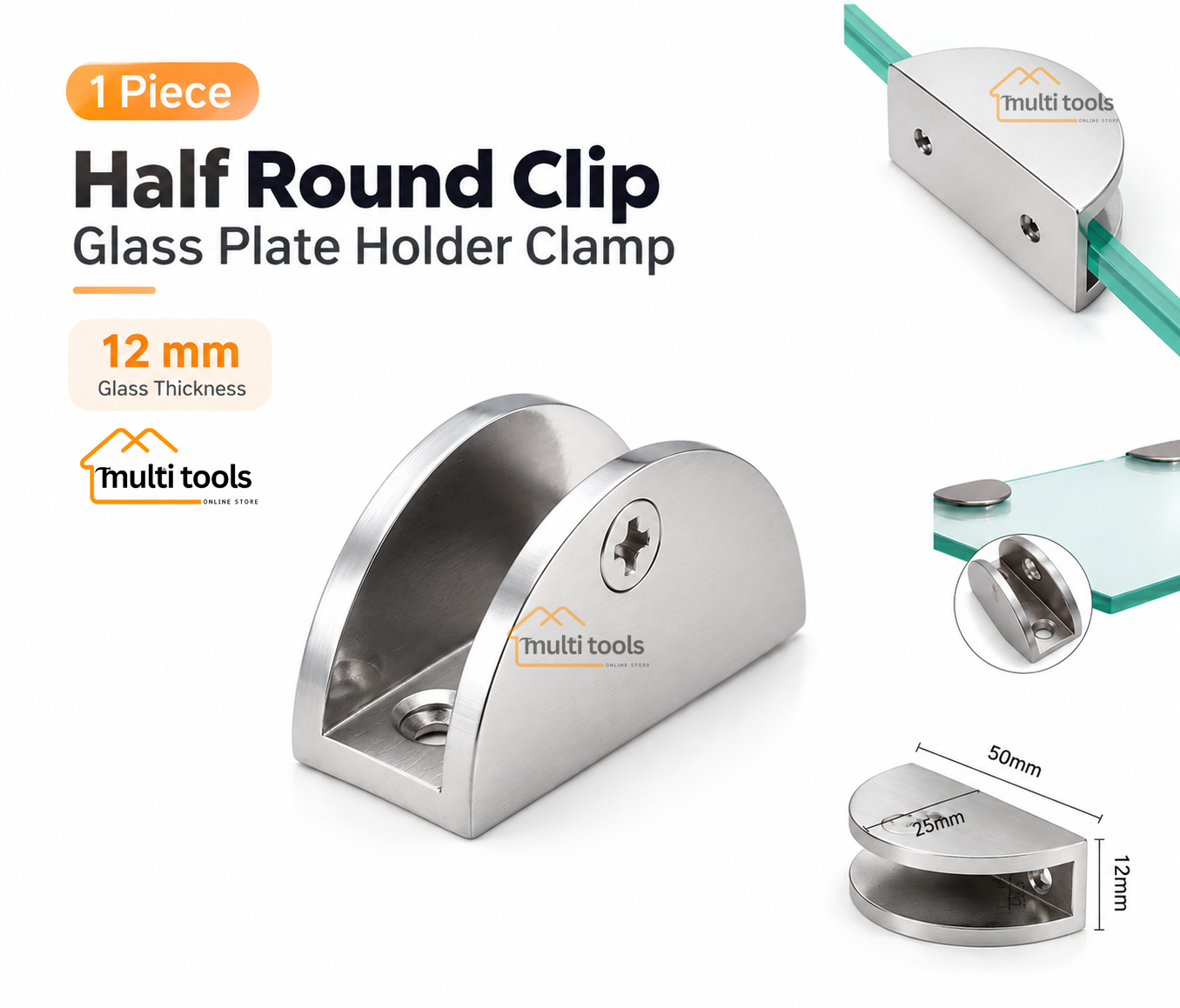 Half Round Clip Glass Plate Holder Clamp 12mm