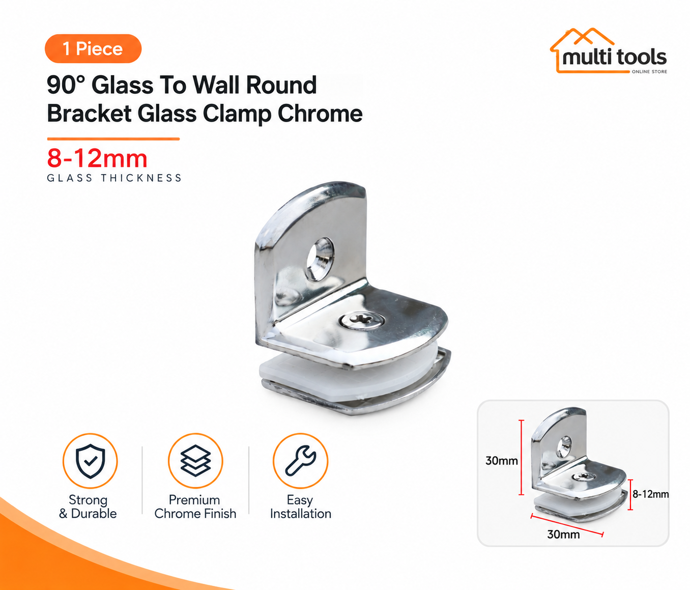 90° Glass To Wall Round Bracket Glass Clamp Chrome 8-12mm
