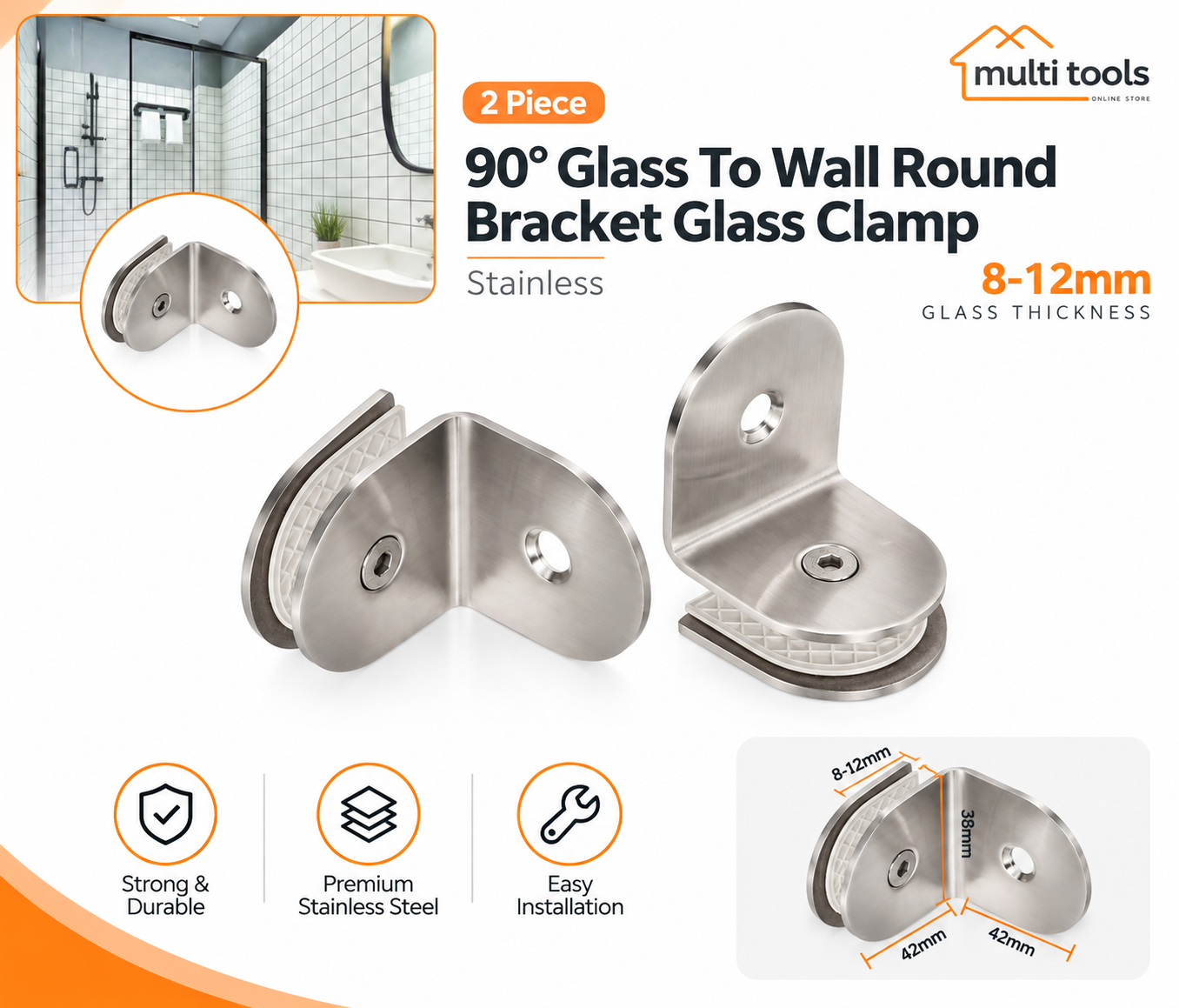 90° Glass To Wall Round Bracket Glass Clamp Stainless Steel 8-12mm