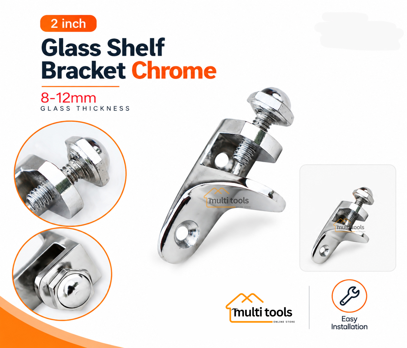 Glass Shelf Bracket Chrome 8-12mm (2 Inch)