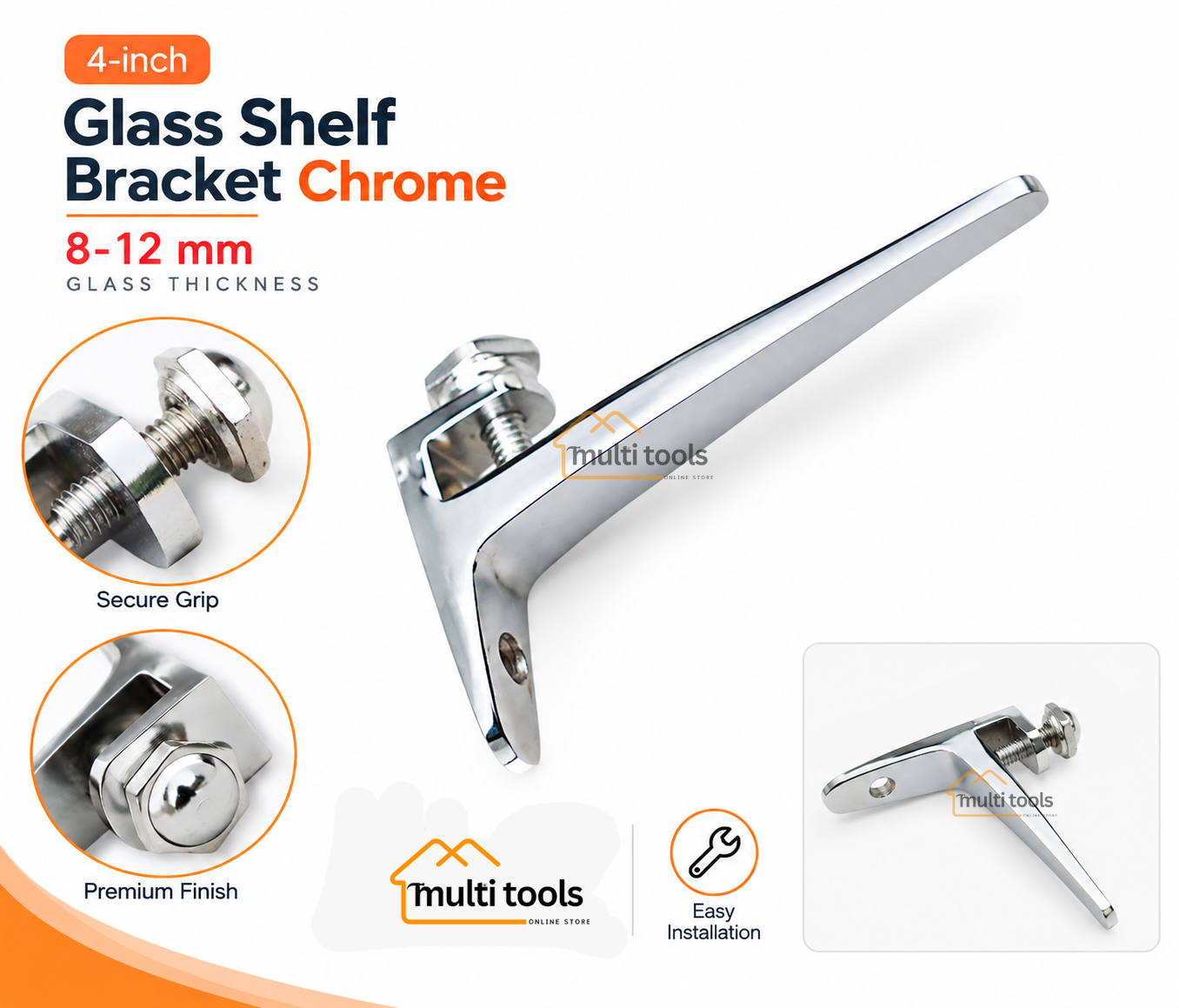 Glass Shelf Bracket Chrome 8-12mm (4 Inch)