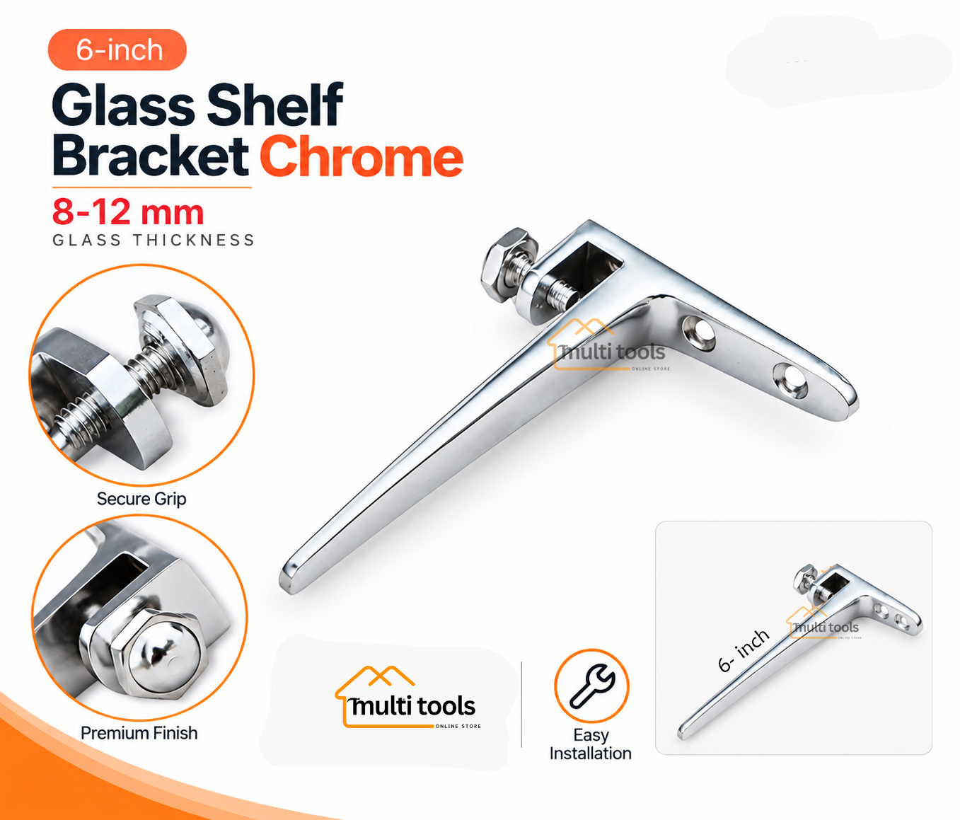 Glass Shelf Bracket Chrome 8-12mm (6 Inch)