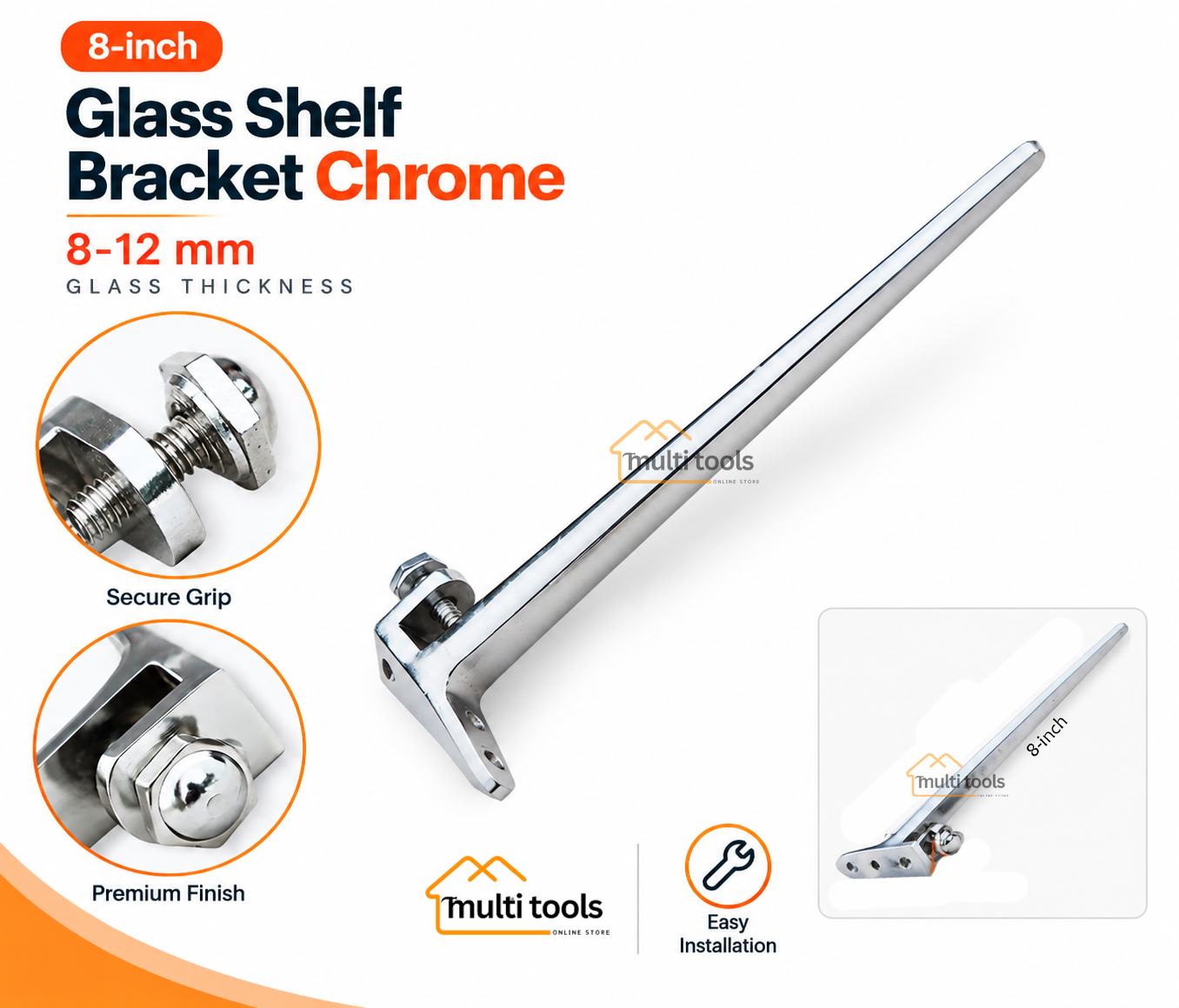 Glass Shelf Bracket Chrome 8-12mm (8 Inch)
