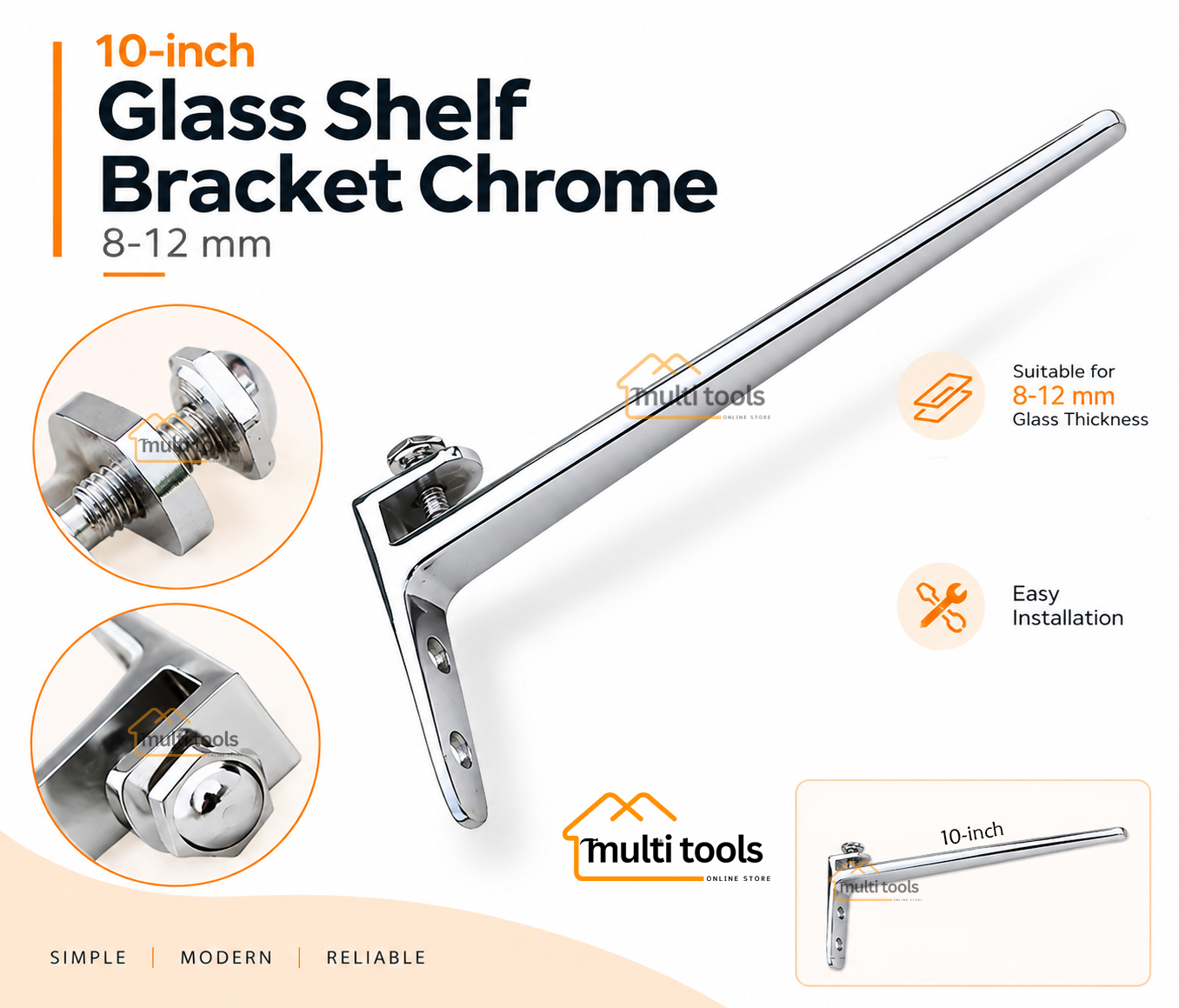 Glass Shelf Bracket Chrome 8-12mm (10 Inch)