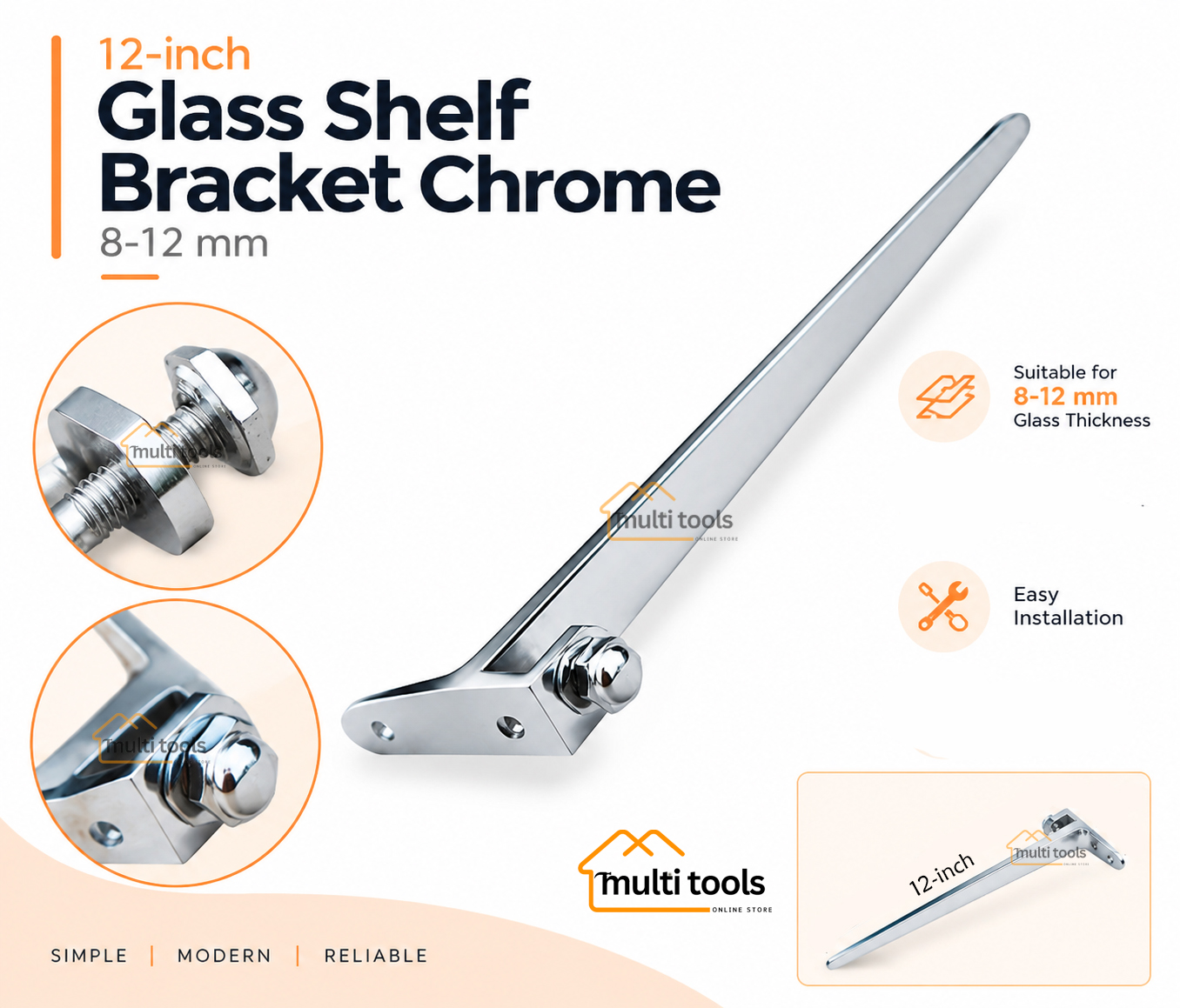 Glass Shelf Bracket Chrome 8-12mm (12 Inch)