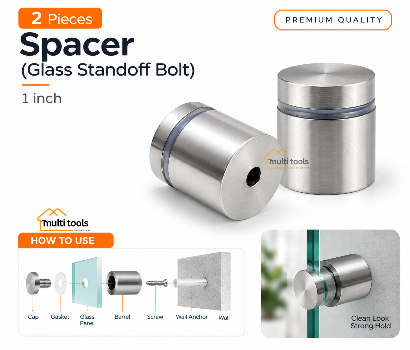 2 Pecs Spacer 1-Inch (Glass Standoff Bolt) 