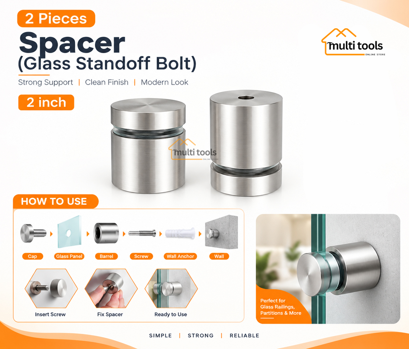 2 Pecs Spacer 2-Inch (Glass Standoff Bolt) 