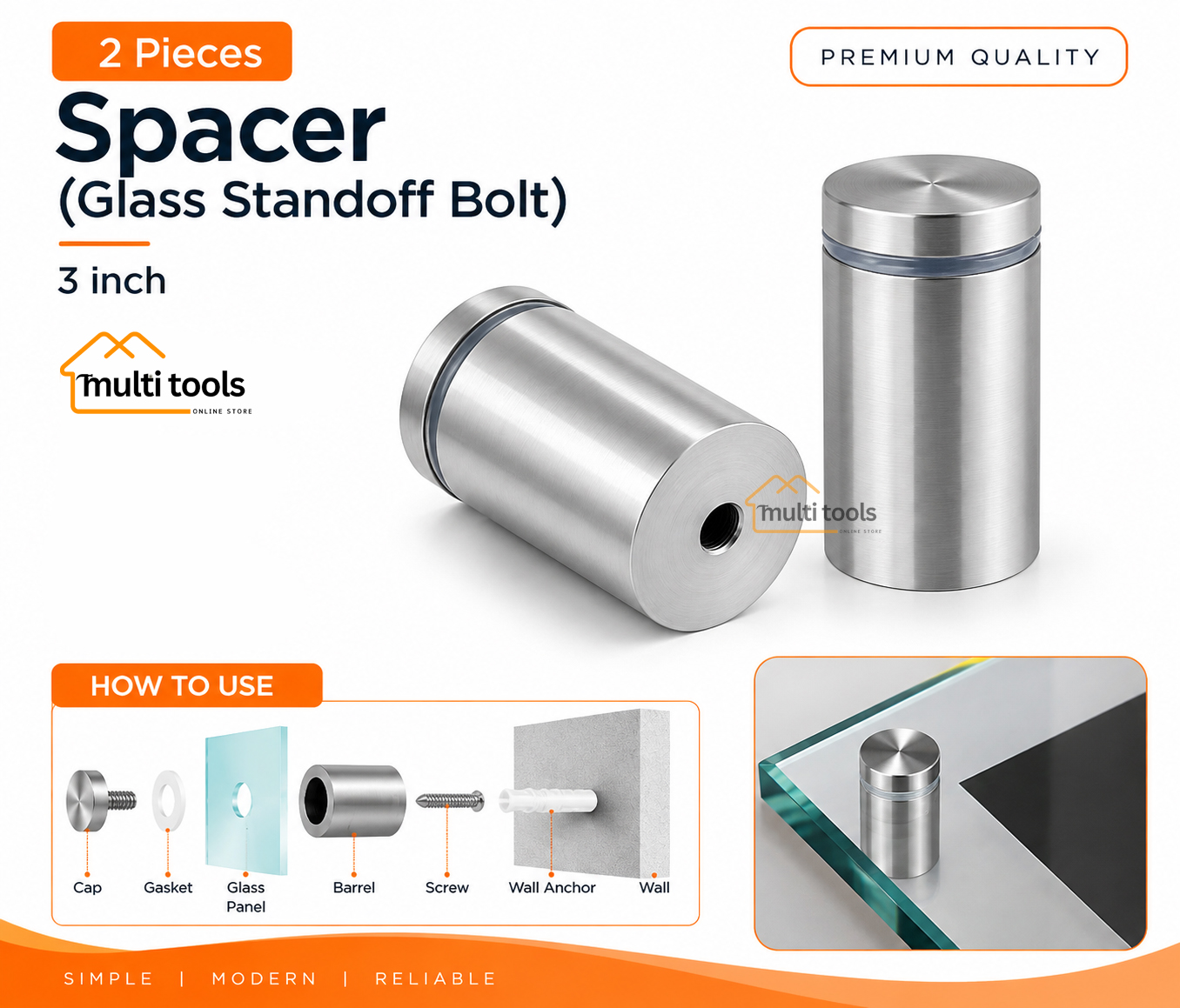 2 Pecs Spacer 3-Inch (Glass Standoff Bolt) 