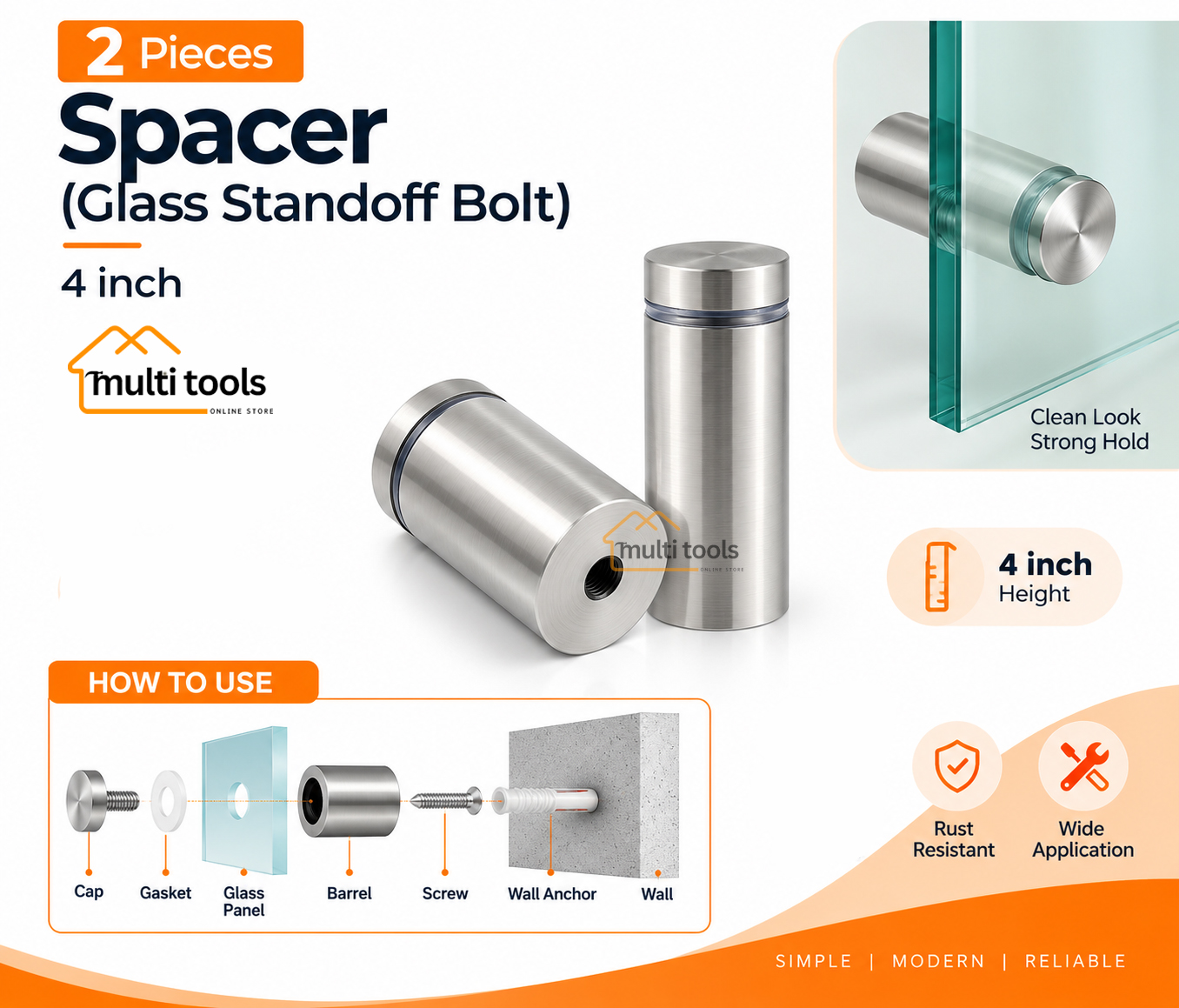 2 Pecs Spacer 4-Inch (Glass Standoff Bolt) 