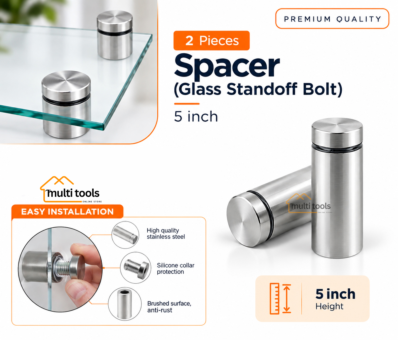 2 Pecs Spacer 5-Inch (Glass Standoff Bolt) 